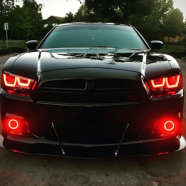 Front view of Dodge Charger with aftermarket red multicolor headlights and halos