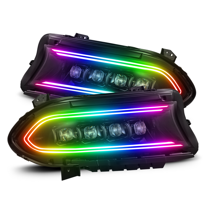 Close up of Alpharex Nova series headlights with flow series DRL boards.