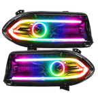 Aftermarket Dodge Charger projector headlights with RGBW color-changing halos and DRLs