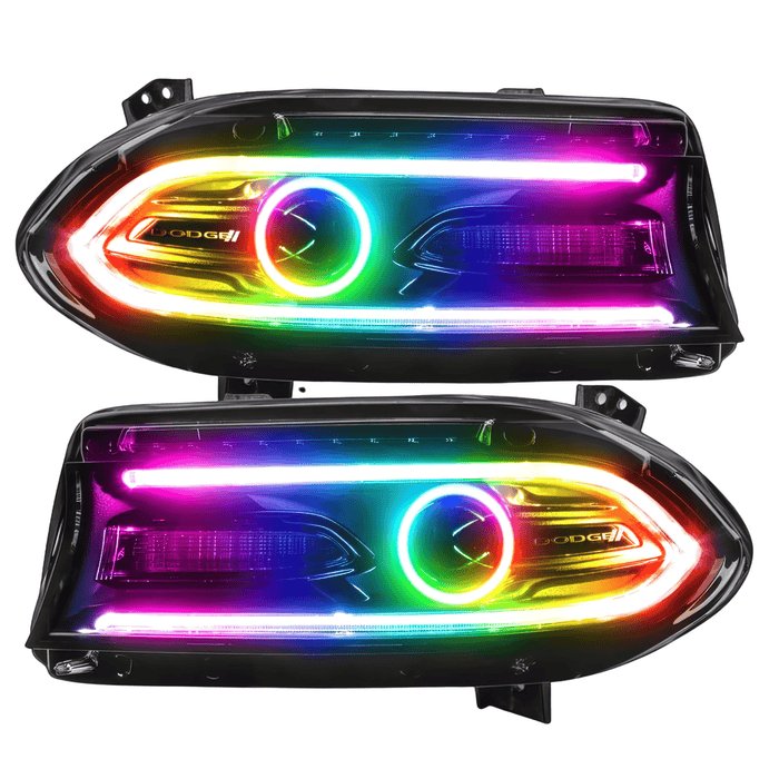 Aftermarket Dodge Charger projector headlights with RGBW color-changing halos and DRLs