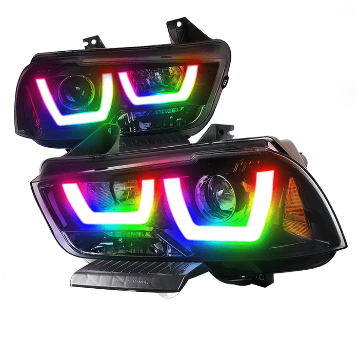 Custom RGB projector headlights with multicolor LED halo accents