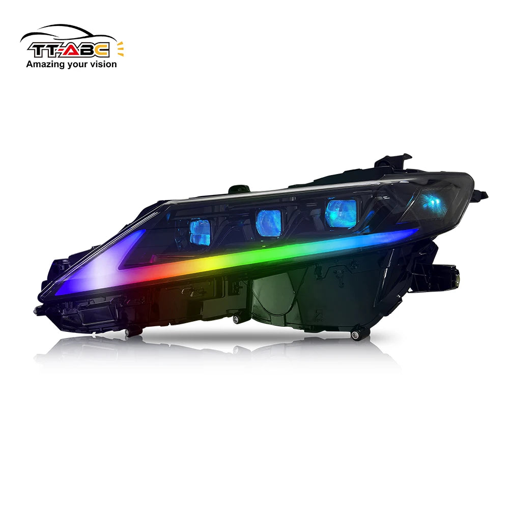 Custom RGB projector headlights with multicolor LED halo accents