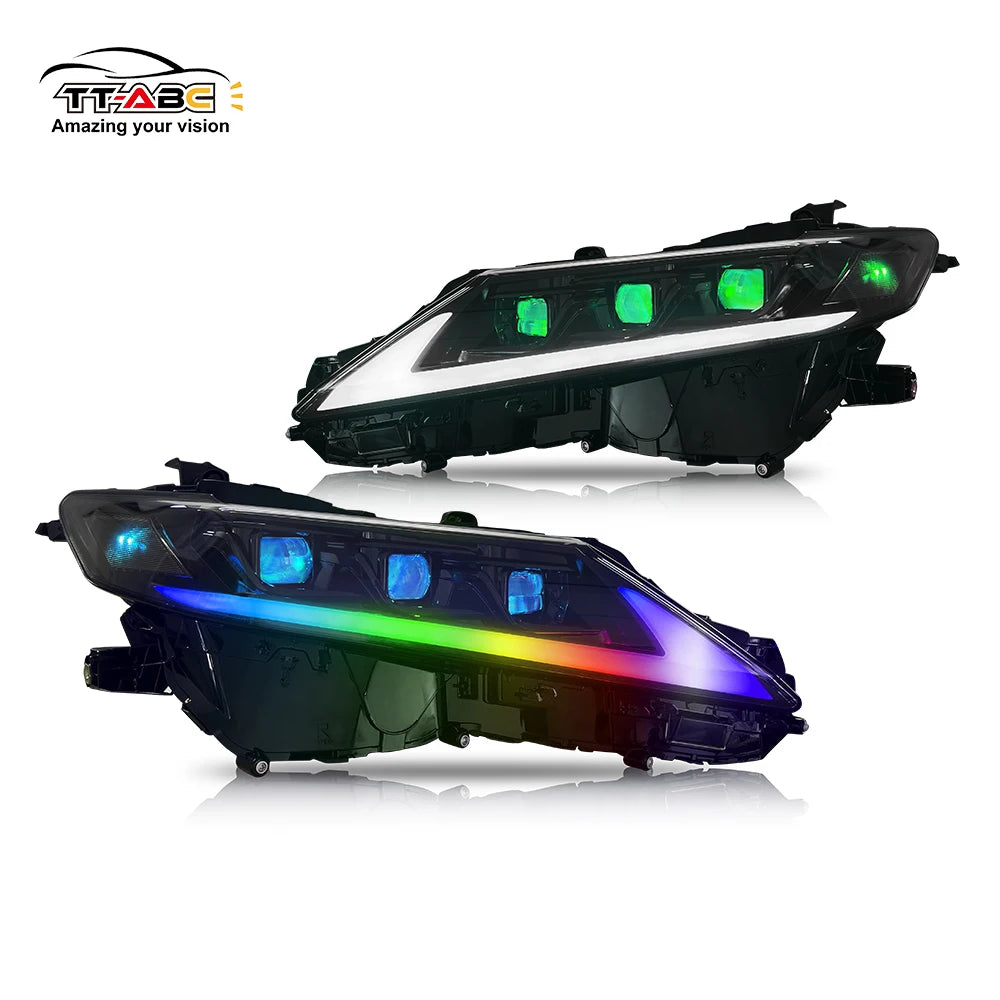 Custom RGB projector headlights with multicolor LED halo accents