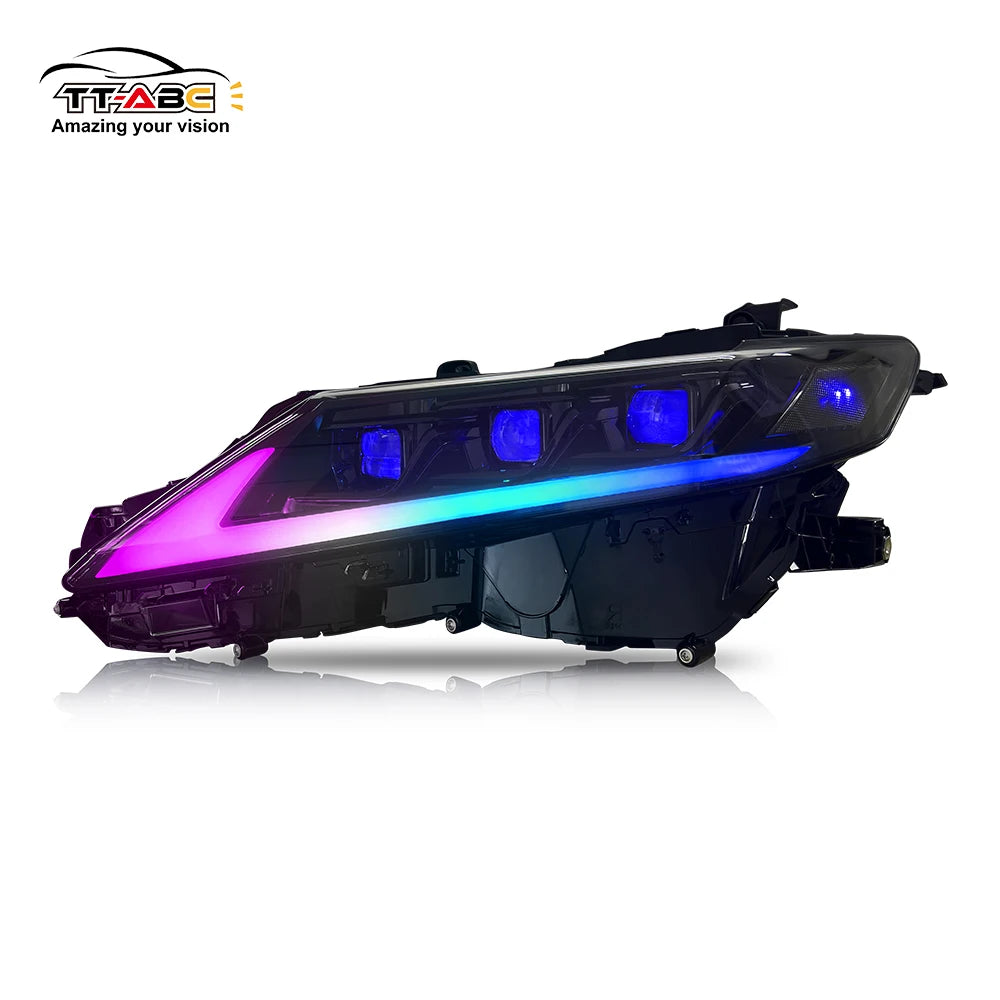 Custom RGB projector headlights with multicolor LED halo accents