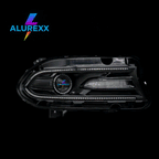 Close-up of Alurexx aftermarket Dodge Charger headlight with RGB Flow Series halo