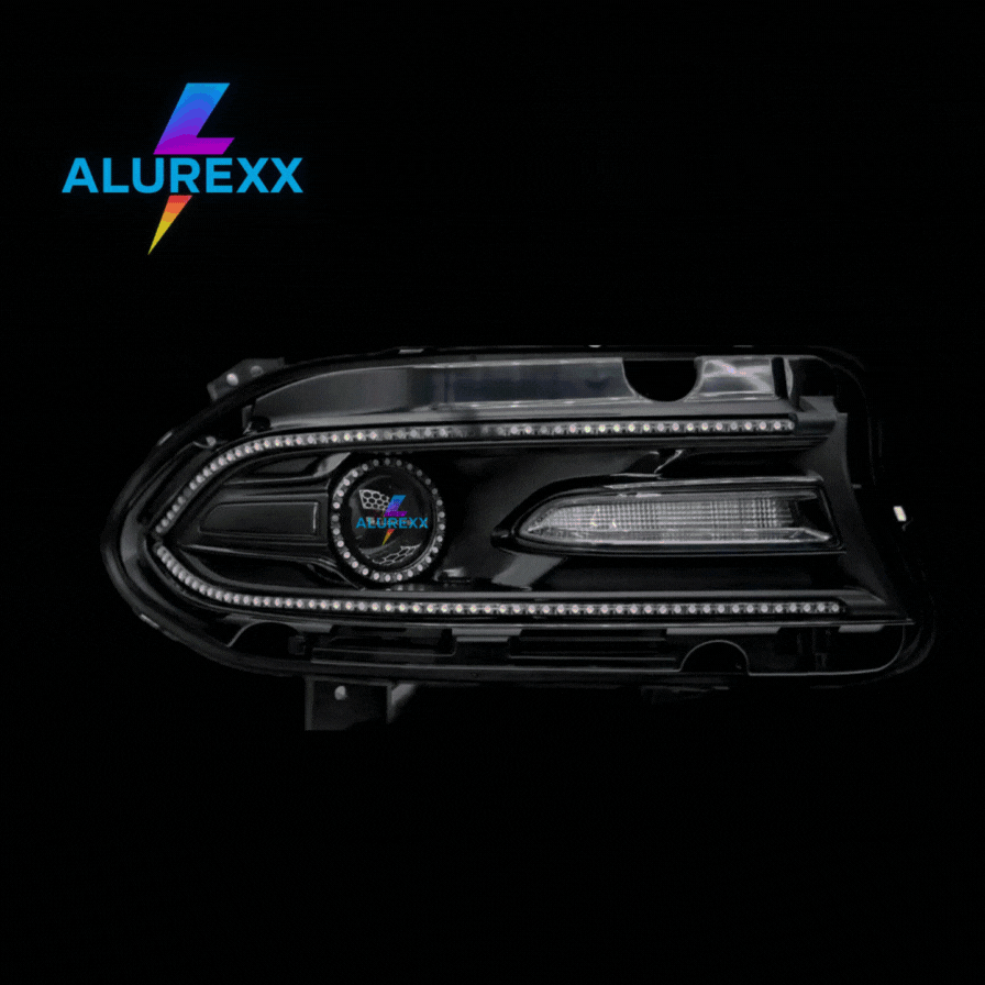 Close-up of Alurexx aftermarket Dodge Charger headlight with RGB Flow Series halo