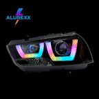 Aftermarket LED headlight by Alurexx featuring dynamic RGB halos