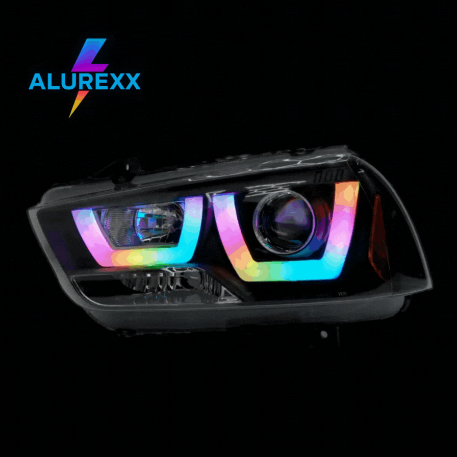 Aftermarket LED headlight by Alurexx featuring dynamic RGB halos